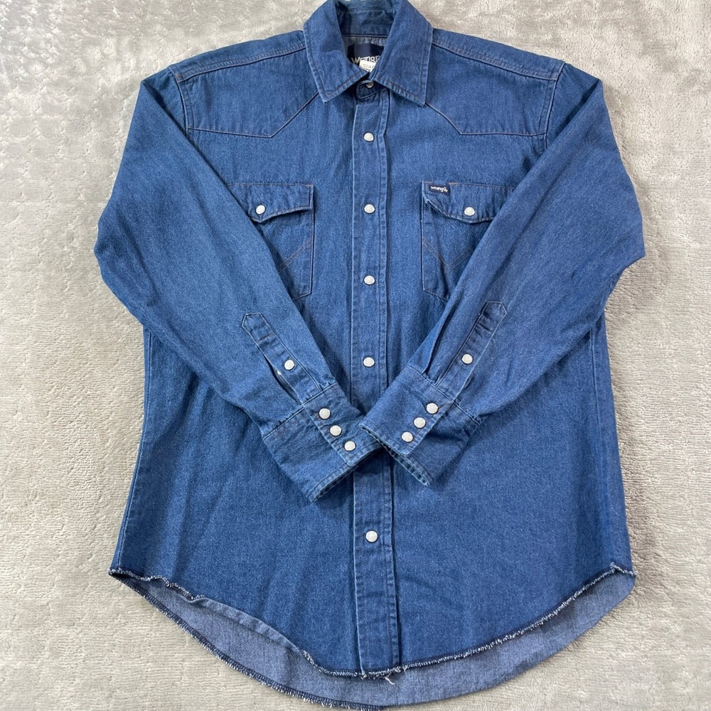 Wrangler Shirt Denim Mens Medium Blue Western Pearl Snap Cowboy Festival Flap